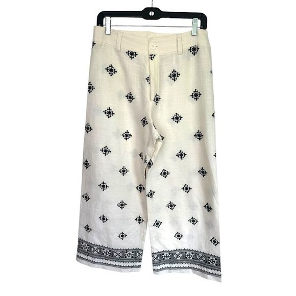 Elie Tahari Women’s Linen Blend Embroidered Wide Leg Cropped Pants Boho Cream 6 - Picture 2 of 10